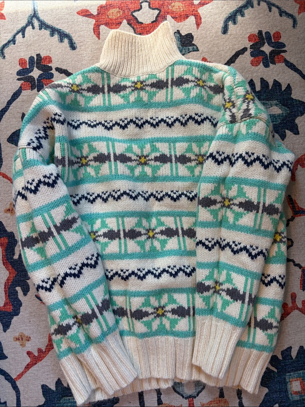 Cream Turtleneck Fair Isle Sweater with Mint and Navy Accents